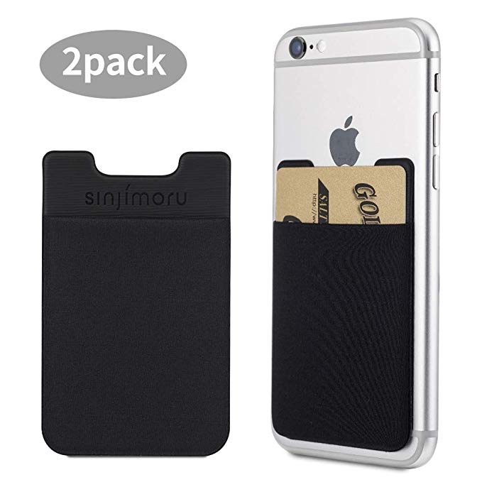 Sinjimoru Phone Wallet Stick on Card Holder for iPhone and All Cell Phone. Sinji Pouch Basic 4, Black and Black (2 Pack).