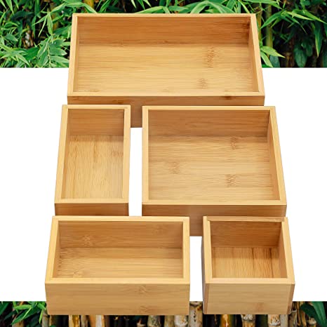 Bamboo Drawer Organizer Box Set 5 Piece, Wooden Drawer Organizer Tray Bin for Office, Kitchecn, Bathroom, Make Up, Desk (Stackable, Natural Wood)
