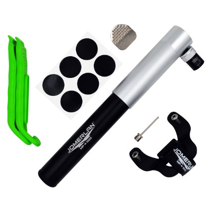 Jomerlan MP-1000 Mini Bike Pump For Road, Mountain or BMX Bicycles With Bonus Self-Adhesive Patch Kit, Tire Levers, Frame Mount & Ball Needle | Compatible with Presta & Schrader Valves
