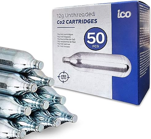 ICO 12 Gram Co2 Cartridges Non-Threaded for Use with CO2 BB Gun, Airsoft Pistol CO2, CO2 Gun and Air Rifle (50s Count)