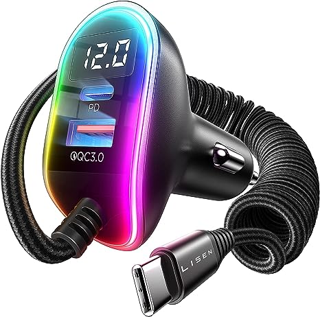 LISEN USB C 96W Super Fast Car Charger,PD4.0 & QC3.0 with 5.3ft Type C Coiled Cable,Car Charger Adapter Samsung Galaxy S23/S22/S21/Google Pixel 7/6/Moto/Android, iPad Pro