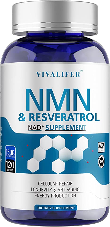 NMN Resveratrol 1500mg Per Serving, 99% Ultra Purity Nicotinamide Mononucleotide and Trans-Resveratrol Supplement Enhanced Absorption, Promotes Anti-Aging, Skin Health and Promotes Immune - 120 Caps