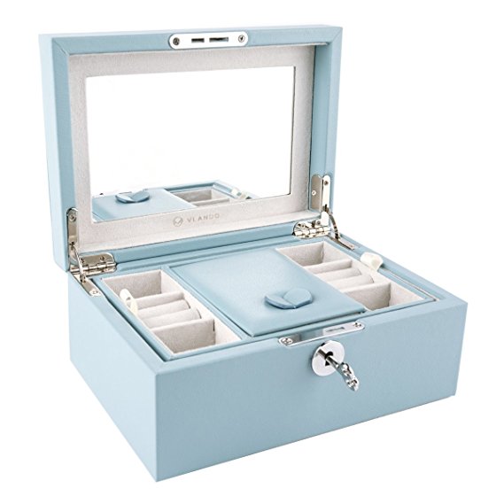 Vlando Retro Lockable Jewelry Box Organizer w/Large Mirror & Key - Microfiber PU Leather Case - Best Gifts for Women Girls (Air Blue (UPGRADED Microfiber PU))