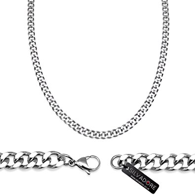 Silvadore - 4mm CURB Necklace Chain - Silver Stainless Steel Jewellery - 14'' to 36'' Lengths For Men Women Boys Girls - 3mm Thickness - 60 Days Money Back Guarantee