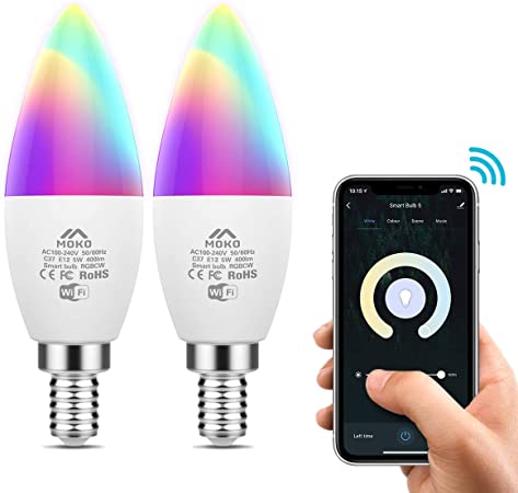 MoKo Smart WiFi LED Light Bulb, 5W E12 Candelabra Base, RGB Warm White Dimmable Candle Bulb, Work with Alexa Echo/Google Home/SmartThings, Voice/APP Control, No Hub,Only 2.4GHz Network, 2 Pack