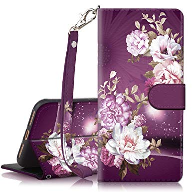 iPhone 7 Plus Case, iPhone 8 Plus Case, Hocase PU Leather Full Body Protective Case with Credit Card Holders, Wrist Strap, Magnetic Closure for iPhone 8 Plus/iPhone 7 Plus - Royal Purple/White Flowers