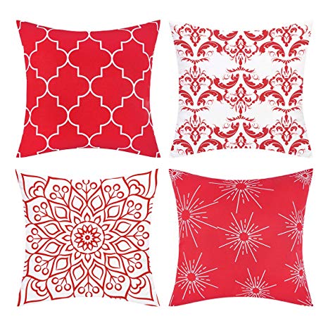 BLEUM CADE Set of 4 Throw Pillow Covers Modern Decorative Throw Pillow Case Morocco Pattern Pillow Covers Cushion Case for Room Bedroom Room Sofa Chair Car, Red, 18 x 18 Inch