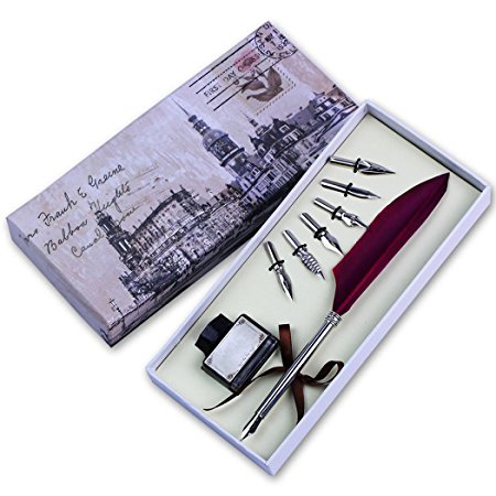 Soriace®Retro Goose Quill Pen, Calligraphy Dip Feather Pen Sealing Set with Feather Quill / Ink Bottle / 6 PCS Metal Nib, Perfect for Presents, Gift or Self-use - Metal Wine Quill