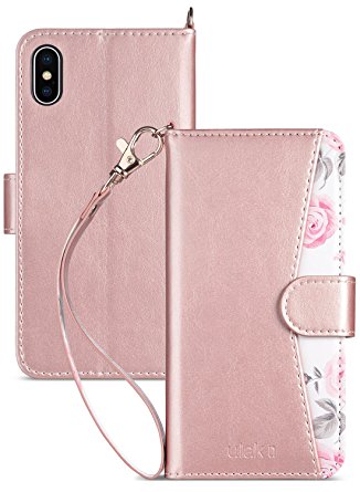 iPhone X Case, iPhone X Wallet Case with Card Holders, ULAK Floral Rose Gold Kickstand Premium Synthetic Leather Folio Handmade Wrist-strap Wallet Case Cover for iPhone X / iPhone 10 5.8 inch