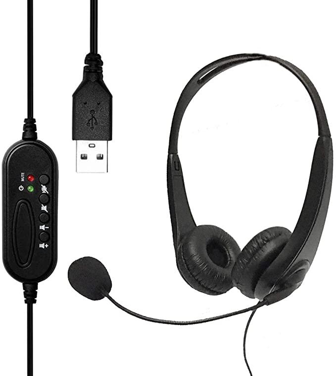 USB Headset with Microphone, USB Wired PC Headphone Ultra Light & Comfort with Noise Cancelling & Audio Controls for Call Center/Office/Conference Calls/Online Course Chat/Skype etc