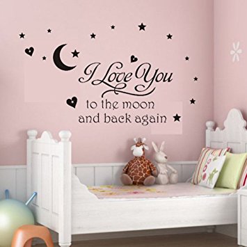 Soledi® Black Vinyl Wall Decal I Love You to the Moon and Back Again Wall Sticker Letters Words Baby Kids Room Bedroom Art Wall Decor