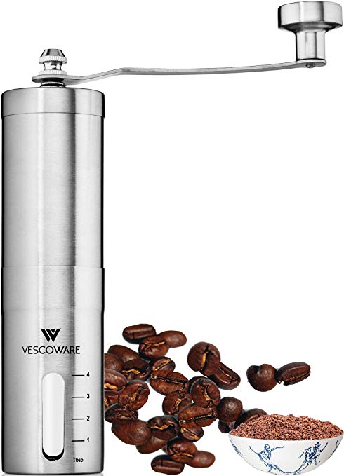 Manual Coffee Grinder with Conical Burr - Hand Bean Mill with Adjustable Settings for Espresso, French Press, Cold & Turkish Brew - Stainless Steel