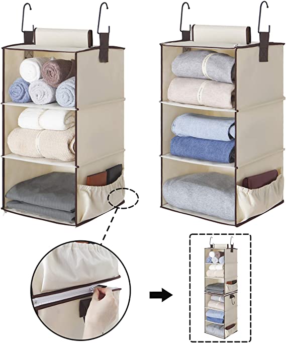 StorageWorks 6-Shelf Hanging Closet Organizers, Two 3-Shelf Separable Closet Hanging Shelves, Canvas, Beige, 12" W x 12" D x 42" H