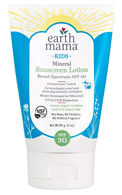 Kids Mineral Sunscreen Lotion SPF 30 by Earth Mama | Reef Safe, Non-Nano Zinc, Contains Organic Cranberry Seed Oil and Aloe, 3-Ounce