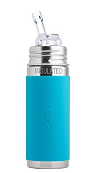 Pura Kiki 9 Oz / 260 Ml Insulated Stainless Steel Bottle With Silicone Straw & Sleeve, Aqua (Plastic Free, BPA Free, NonToxic Certified)