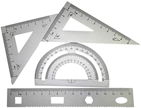 Milisten 4PCS Math Ruler Geometry Tool Set, Metal Aluminum Alloy Ruler Lightweight Includes Straight Ruler, Triangle Ruler, Protractor for School Student Teacher Architects Engineers | Silver