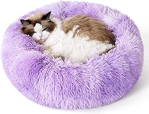 Bedsure Calming Cat Bed for Indoor Cats - Small Washable Round Cat Bed, Anti-Slip Fluffy Plush Faux Fur Pet Bed, Fits up to 15 lbs Pets, Orchid Bloom, 20 inches