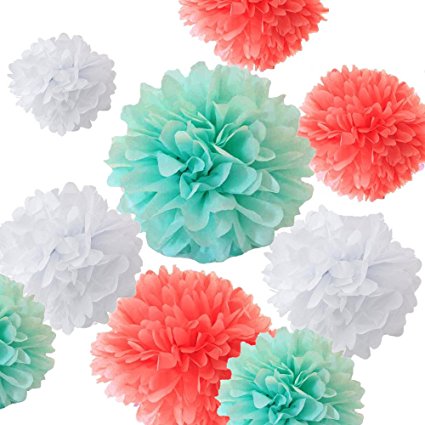 Fonder Mols 12pcs Mixed Sizes 8'' 10'' 12'' 14'' Premium Tissue Paper Pom-poms Flower Ball Wedding Party Outdoor Decoration - Coral, Mint Green & White