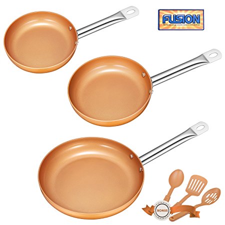 Deik Frying Pan Set, Non-stick Chef Pan, Copper Style Pan with Stainless Steel Handle, Deik PFOA free Skillet, Dishwasher and Oven Safe Cookware Set 3 Pack with 3 Bonus Professional Spatula and Spoon