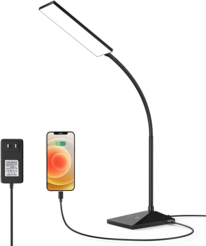 MONGERY LED Desk Lamp, Eye-Caring Table Lamps with USB Charging Port,7 Brightness Levels & 5 Color Modes,Touch Control and Memory Function,7W Flexible Gooseneck Reading Lamp for Home Office, Black