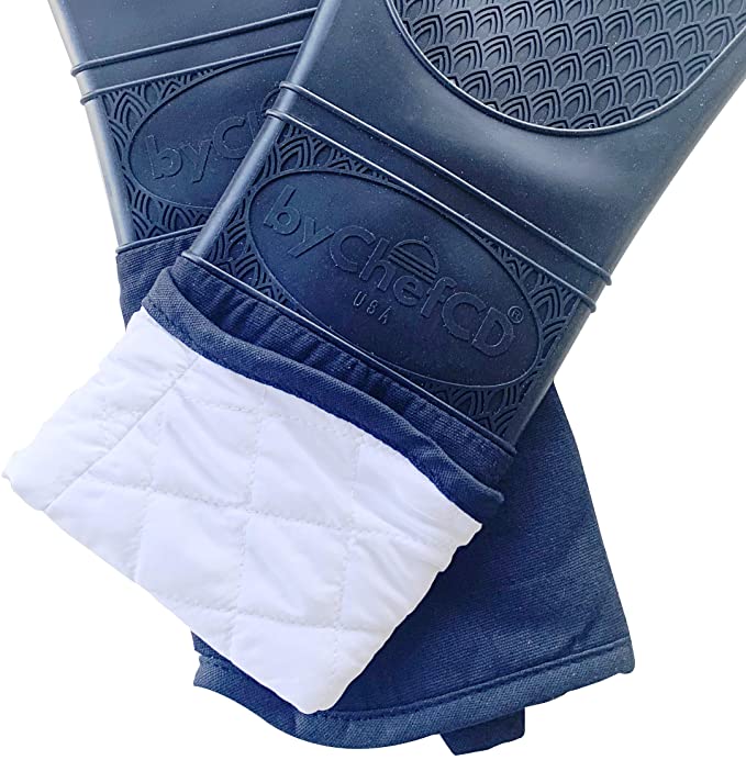 ByChefCD Silicone Oven Mitt (1 Pair) Double-Layer, Heat Resistant Baking Gloves Blue (Black)