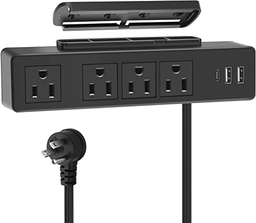 Type-C Under Desk Power Strip, Adhesive Wall Mount Power Strip with USB C Ports, Power Strip Socket Outlet, 4 AC Plug.20W 2 USB-A,1 PD Fast Charging 20W USB-C for Kitchen, Office, Home, Hotel