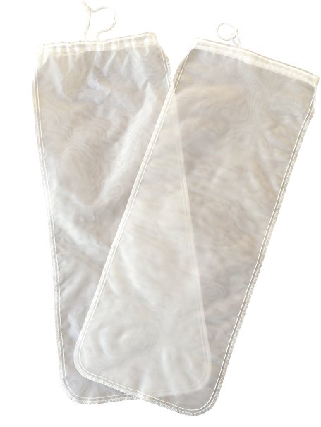 White Fine Mesh Straining Bags with Sturdy Draw Strings. Pack of 2. Double Stitched, Durable Food Grade Nylon. Resists Stains, Odors. Best for Brewing, Cooking, Making Almond Milk, Juices 10" x 23.5"