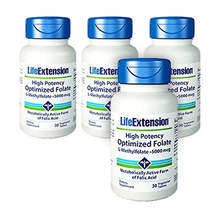 Life Extension High Potency Optimized Folate L-Methylfolate 5000 mcg 30 vegetarian tablets - 4-Pak