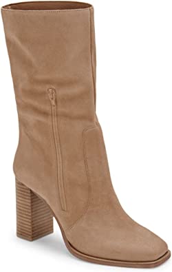 Women’s Mid-calf Boots Chunky Stacked Heel Square Toe Side Zipper Slip-on Suede Winter Booties