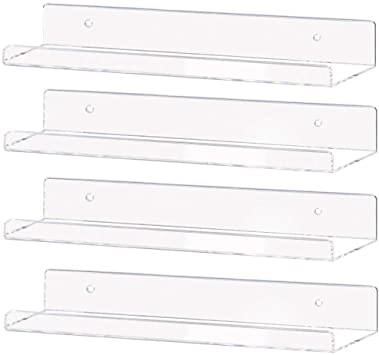 Weiai Invisible Bookshelf 15" Clear Acrylic Floating Wall Ledge Shelf, Kids Book Shelves Wall Mounted, Bathroom Organizer Display Shelves, Hanging Spice Rack, Set of 4