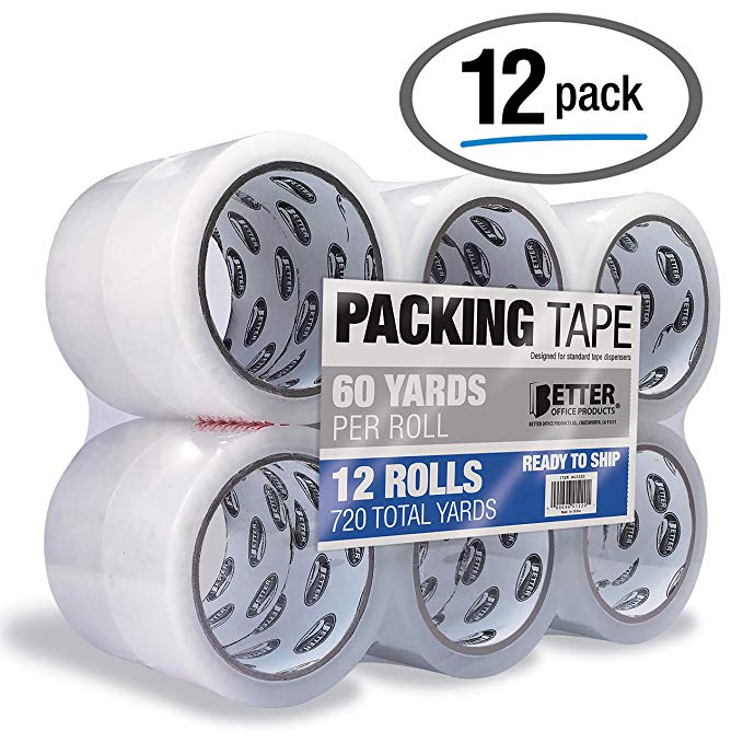 12 Pack Clear Packing Tape Refill Rolls, Heavy Duty, by Better Office Products, 1.88 Inch x 60 Yards Per Roll, 720 Total Yards, 12 Rolls