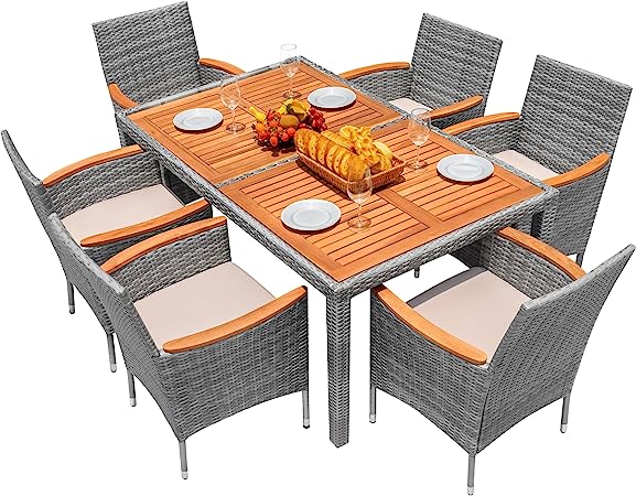 Flamaker 7 Piece Patio Dining Set Outdoor Acacia Wood Table and Chairs with Soft Cushions Wicker Patio Furniture for Deck, Backyard, Garden (Grey)