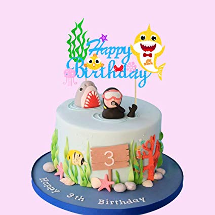 Vodolo Shark Cake Topper - Happy Birthday Cake Picks Little Shark Themed Cake Decorations for Baby Shower Birthday Party Supplies