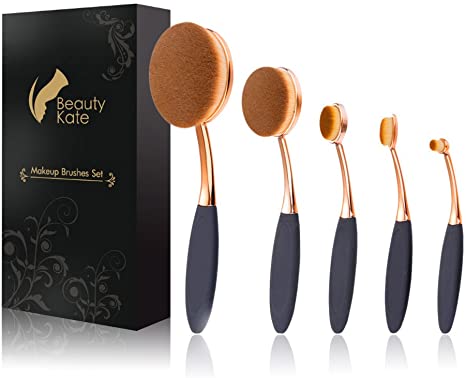 Oval Makeup Brush Set of 5 Pcs Professional Oval Toothbrush Foundation Contour Concealer Eyeliner Blending Cosmetic Brushes Tool Set by Beauty Kate (Rose Gold Black)