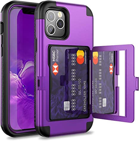 WeLoveCase for iPhone 12/ for iPhone 12 Pro Wallet Case with Credit Card Holder & Hidden Mirror, Defender Three Layer Shockproof Heavy Duty Cover for iPhone 12/ for 12 Pro 2020, 6.1 inch 5G Purple