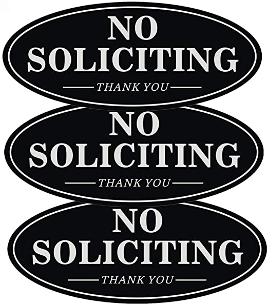 No Soliciting Sign for Office House Door, 3 Pack Oval Black Aluminun 7.0 x 3.0 inches, Strong Self-Adhesive Wall Decor for Business and Home, Keep Solicitors Away, Easy to Read and Install