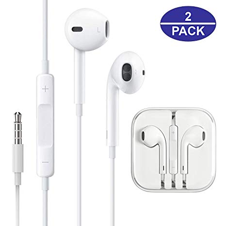 2-Pack Premium Earphones/Earbuds/Headphones with Stereo Mic&Remote Control Compatible with iPhone IPad iPod Samsung Galaxy and More Android Smartphones Compatible with 3.5 mm Headphone White