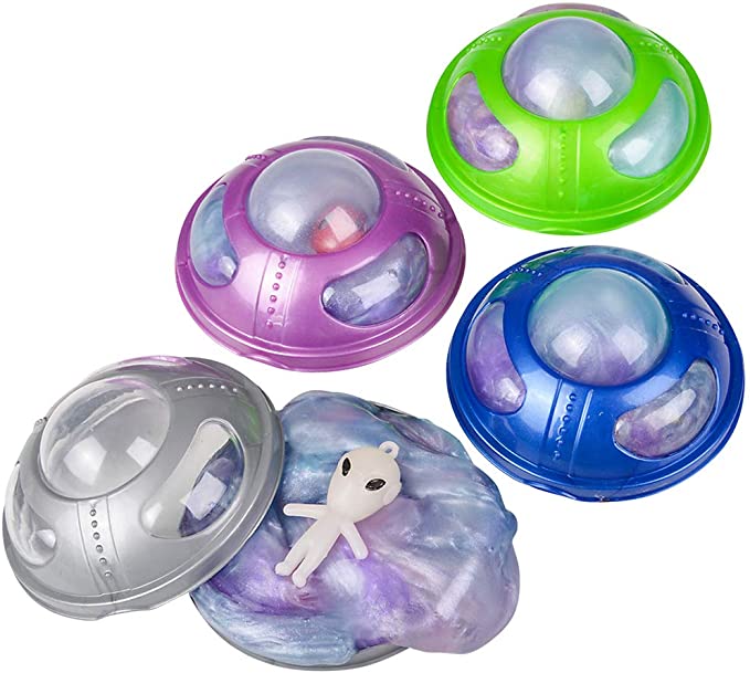 Mozlly UFO Alien Spaceship Rainbow Slime Monster Putty Sci-Fi Extraterrestrial Soft & Gooey Squishy Sensory Toy Figure Stress Reliever Party Favor Game Prizes Loot Bag Goodies - 3", Assorted 4pcs/Set