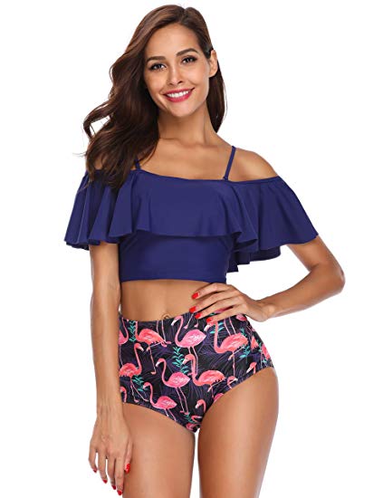 MarinaVida Women Off Shoulder Ruffle Swimsuit Crop Top Two Piece Bathing Suit