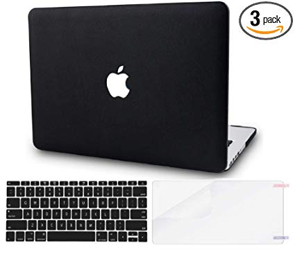 KEC Laptop Case for MacBook Air 13" w/ Keyboard Cover Italian Leather Case    Screen Protector A1466/A1369  3 in 1 Bundle (Black Leather)