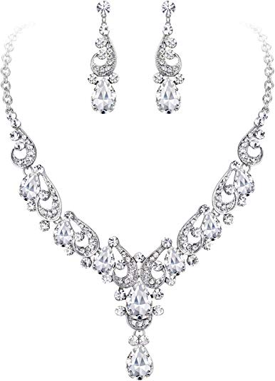 EVER FAITH Crystal Gorgeous Wedding Wave Teardrop Necklace Earrings Set for Bride, Women