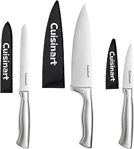 Cuisinart 3-Piece Stainless Steel Knife Set, Includes 8" Chef Knife w/guard 5.5" Serrated Utility Knife w/guard 3.5" Paring Knife w/guard