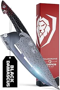 Dalstrong Chef Knife - 9.5 inch - Scorpion Series - Exclusive Japanese V12 Ultra Steel - Black Damascus - Black & Red Honeycomb Resin Handle - Custom Fit Leather Sheath