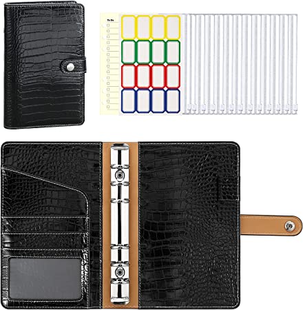 MoKo Budget Binder with Zipper Envelopes, A6 Binder Notebook PU Leather Money Organizer, 21 Pcs Budgeting Planner Money Saving Binder with Clear Cash Pockets, Card Holder, Label Stickers, Paper, Black