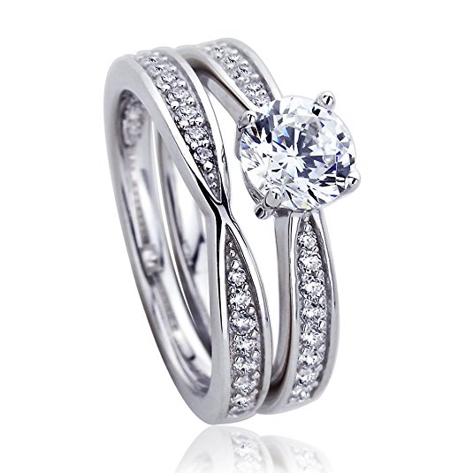 Platinum Plated Sterling Silver 1ct Round CZ 2 pcs Wedding Bridal Ring Set ( Size 5 to 9 )