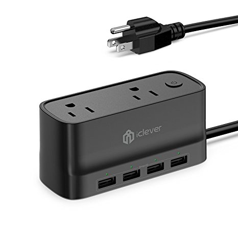 [Mini & Smart] iClever BoostStrip IC-BS01 Portable Smart Power Strip / USB Charger, 4320 Joules Surge Protector with 2 AC Outlet 4 USB Port, 5ft Extension Cord for Indoor & Outdoor, Black