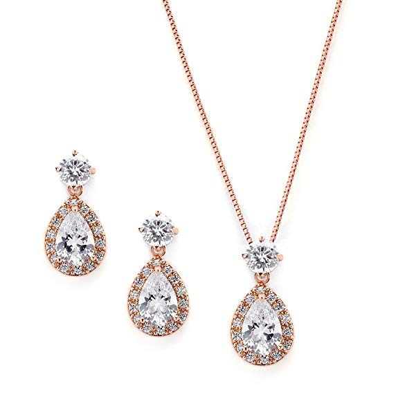 Mariell Rose Gold CZ Pear Shaped Necklace and Earrings Set - Wedding Jewelry for Brides & Bridesmaids