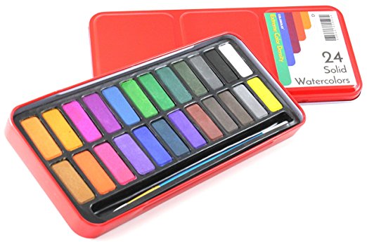 Watercolor Paint Set of 24 Solid Cake Colors with Bonus Paintbrush. High Color Density. Perfect for Children or Adults. Pan, Palette for Lid. Enhance Your Art with Colorolio!