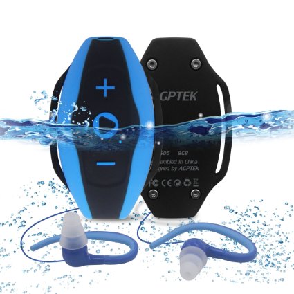 AGPtEK S05 8 GB Waterproof MP3 Player with Water Resistant Headphones,Wearable for Swimming Surfing Running,Blue