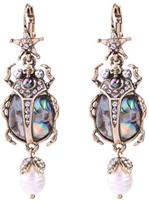 Feximzl Vintage Bug Insect Dangle Earrings Charms Crystal Beetle Abalone Shell Stunning Antiqued Gold Scarab Drop Earrings